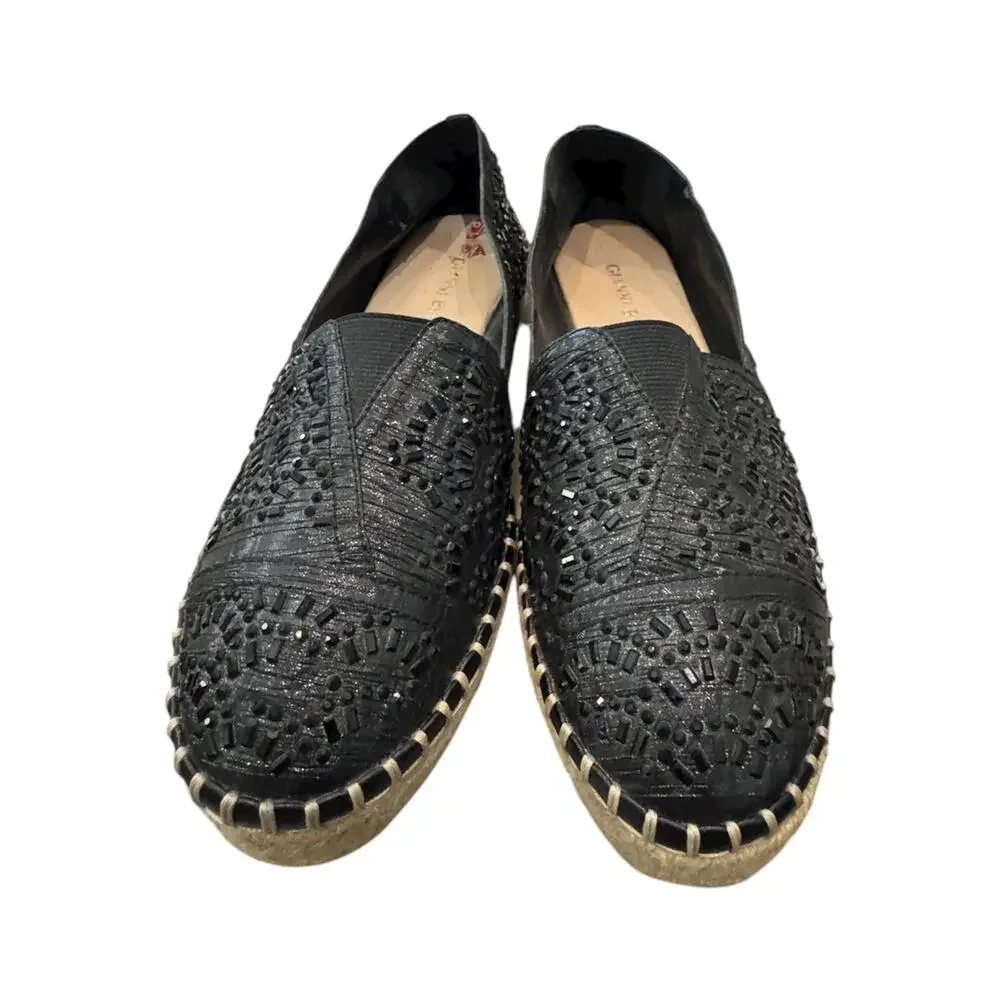 Gianni Bini Black Embellished Espadrille Flats Slip On Shoes 6.5M